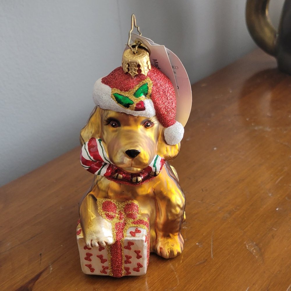 Christopher Radko Glass Christmas Ornament Peppermint Pal 2010 Dog with Present